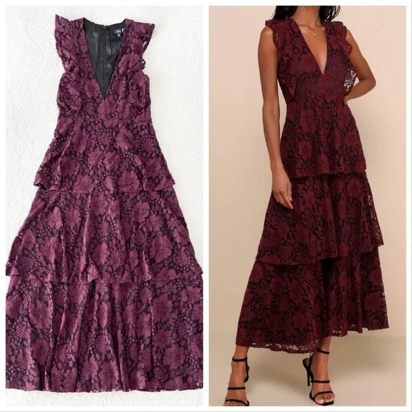 Lulus | Dresses | Nwot Lulus Molinetto Burgundy Lace Ruffled Tiered  Sleeveless Maxi Dress Small | Poshmark